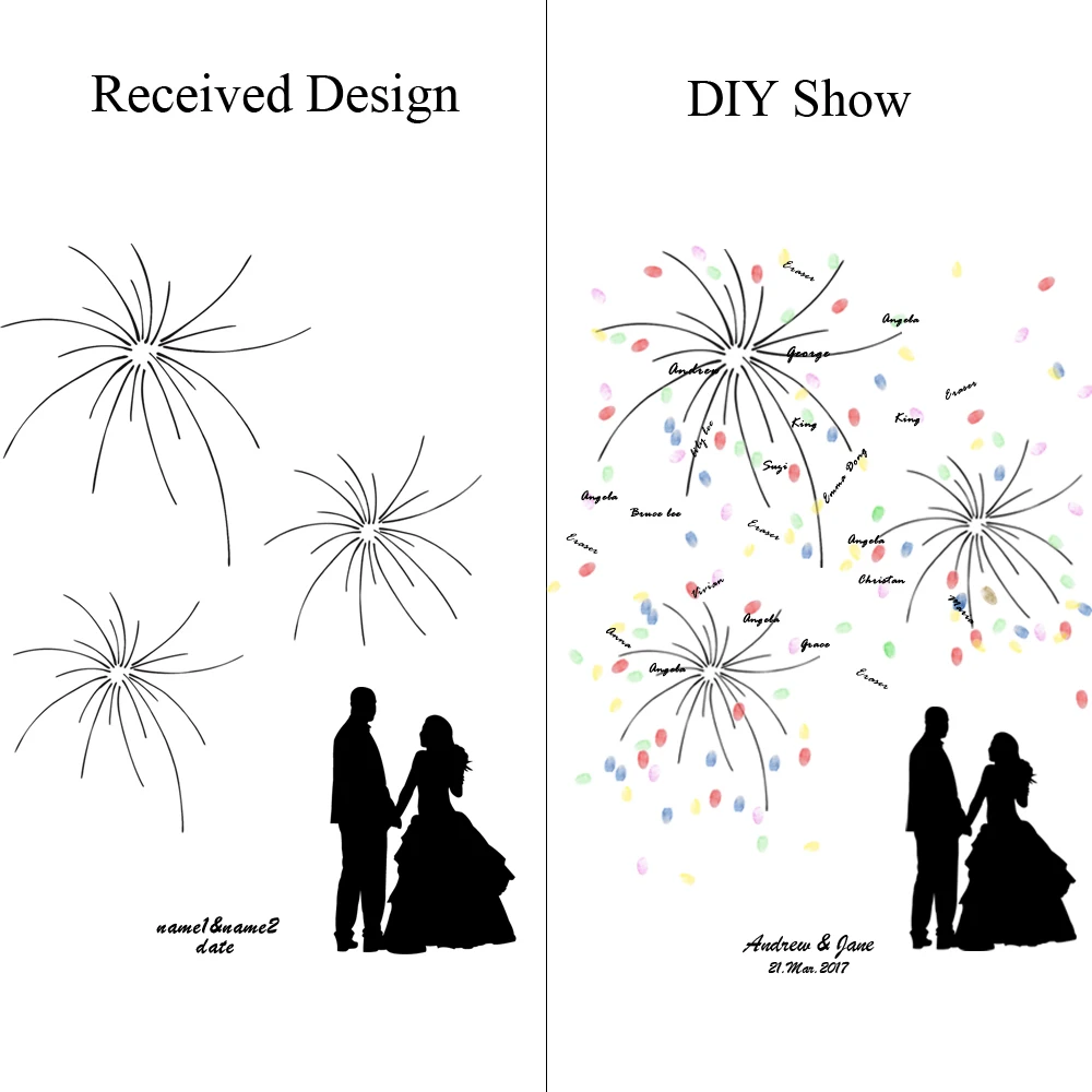 Жених и невеста под фейерверк, персонализированные отпечатков пальцев гостевая книга для Обручение партии и свадьбы, парусина принт Гостевая книга