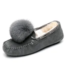 Женские милые мокасины-gommino из свиной кожи с натуральной шерстью; классические стильные женские зимние туфли с украшением в виде лисы; цвет серый, розовый