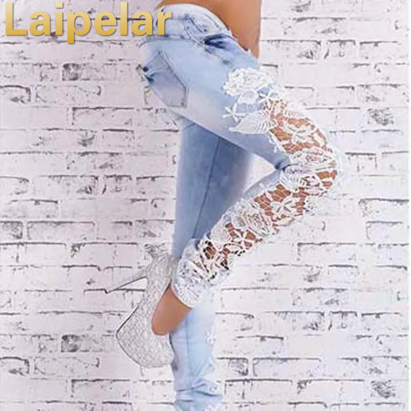 Laipelar Women Fashion Side Lace Jeans Hollow Out Skinny Denim Jeans Woman Pencil Pants Patchwork Trousers for Women Ropa Mujer