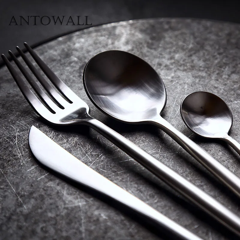 ANTOWALL Solid color brushed pure black color stainless steel western cutlery set dessert spoon coffee spoon steak knife fork