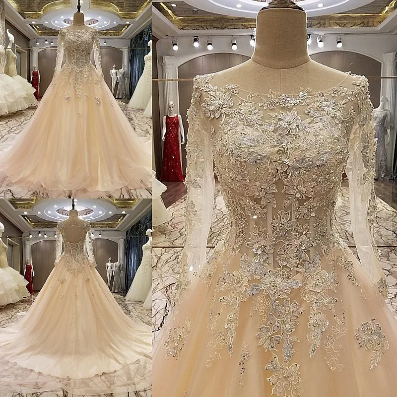 

2018 Long Sleeves Women Ball Gowns Long Evening Dresses Appliques Crystals Engagement Dress Formal Gown Tulle Prom Party Dress