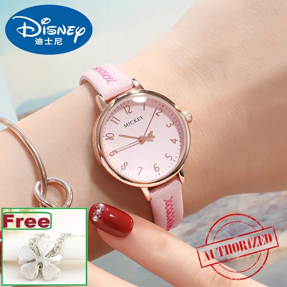 

Mickey Mouse Girls Fashion Trendy Genuine Leather Strap Quartz Watch Waterproof Women's Original Disney Watches Round Red Clock