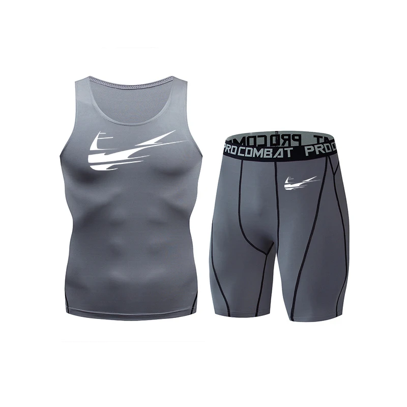 

Brand clothing men's sports vest + shorts T-shirt compression shirt T-shirt fitness men's solid color printing MMA suit shirt