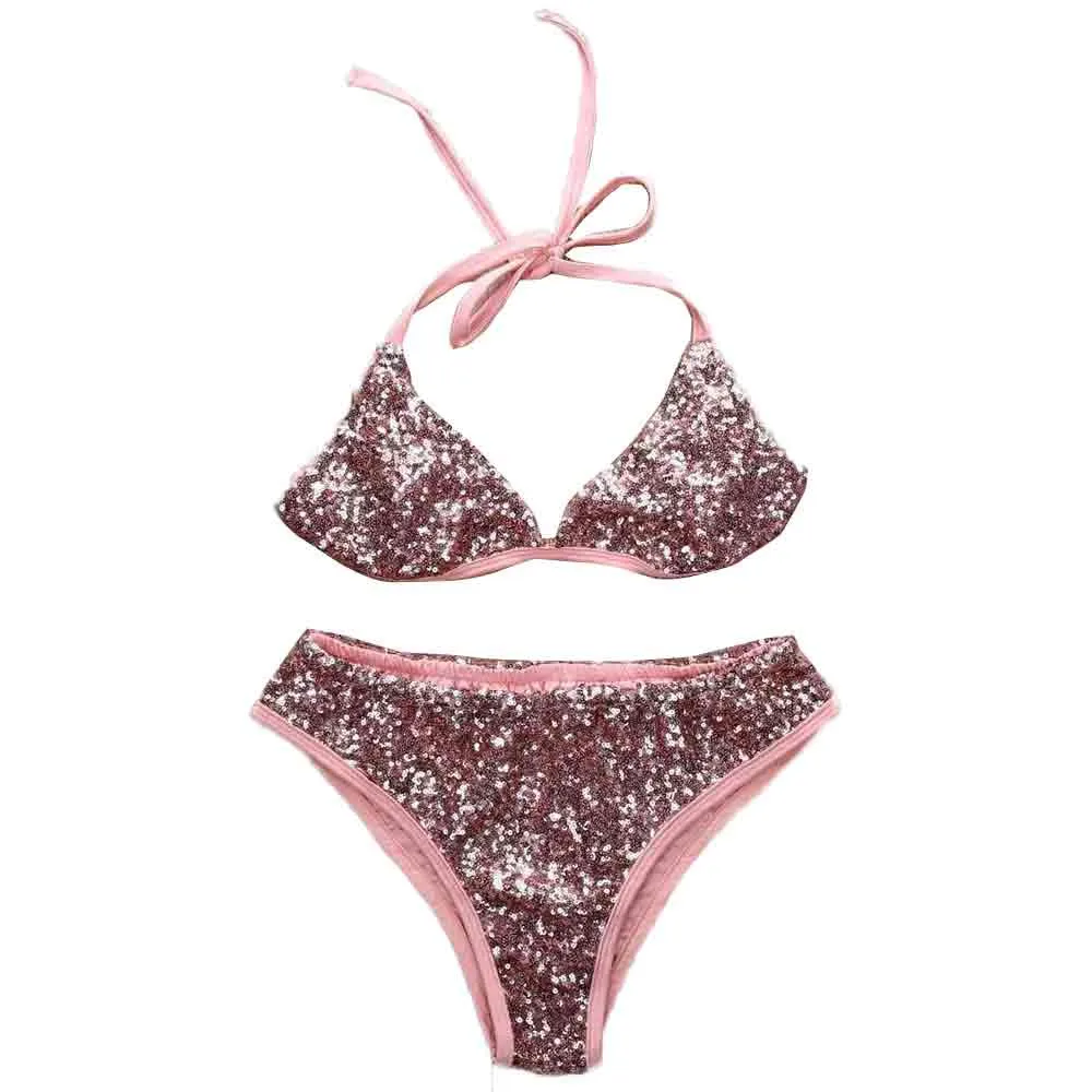 Swimwear Women Bikini 2017 Sexy Halter Bling Sequin Push Up Swimsuit Bandage Bathing Suit Bling Sequin Swimwear Bikini Swim Suit