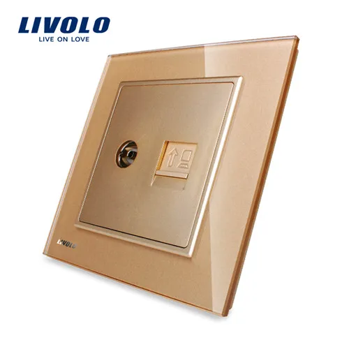 Livolo Британский стандарт 2 банды стена компьютер и ТВ розетки(COM, ТВ), роскошный черный Стекло Панель, VL-W292VC-11/12/13 - Тип: Gold