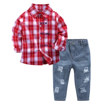 

Kids clothes baby boy clothes sets Kids Toddler Boys Handsome fashion Red Shirt+jeans denim Trousers Clothes Outfits
