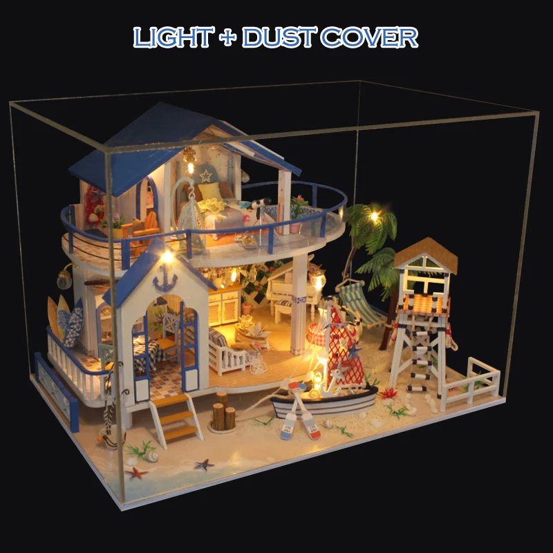 DIY LED Dollhouse Sea Miniature Villa With Furniture Wooden House Room Model Kit Gifts 3D Toys For Children Kids Doll House