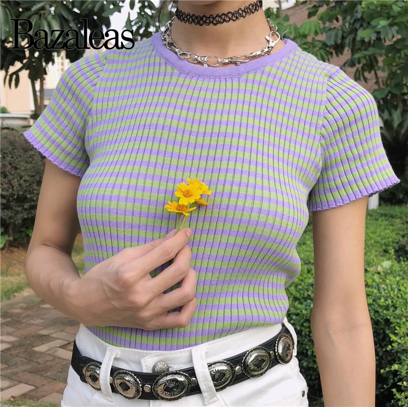 

Bazaleas 2019 Tartan Patchwork Women T shirt All Match Women T-shirt Vintage Knitted womens tops Fashion Basic tshirt Casual