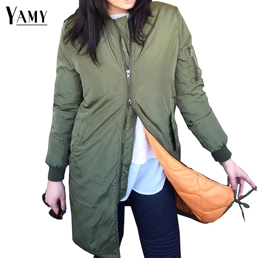 2017 spring army green long bomber jacket women basic coats female