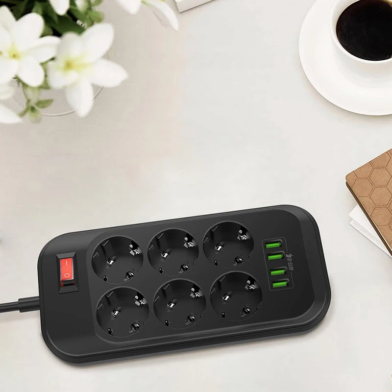 Удлинитель с USB 6 розеток переменного тока 4 usb порта защита от перенапряжения