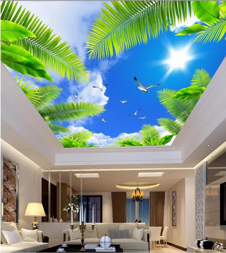 

Custom photo wallpaper Zenith ceiling Blue sky palm sun seabirds ceiling Landscape wallpaper murals