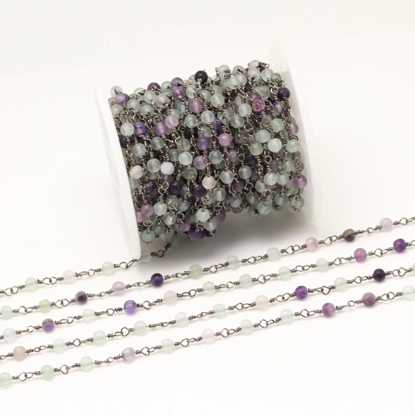 

Rosary Style Chains Findings Jewelry,4mm Natural Fluorite Round Beads Wire Wrapped Plated Black Gunmetal Chains Crafts Bracelet