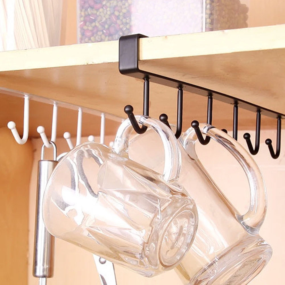 

Enipate 6 Hooks Cup Holder Hang Kitchen Cabinet Under Shelf Storage Rack Organiser Iron Multifunction Kitchenware Shelf Cabinets