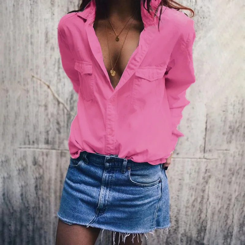 

Lipswag Women Sexy Trun-down collar Blouses Elegant Office Lady Button Pockets Blouses Shirts Summer Long Sleeve Tops Blusa 5XL