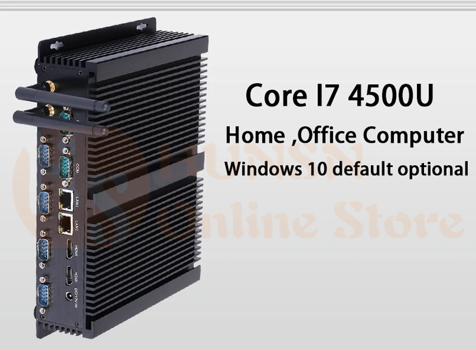 Безвентиляторный промышленный ПК, мини компьютер, Windows 10, Intel Core I7 4500U, [HUNSN IM04], (Dual WiFi/2 HDMI/4USB2. 0/4USB3. 0/2LAN/6COM)