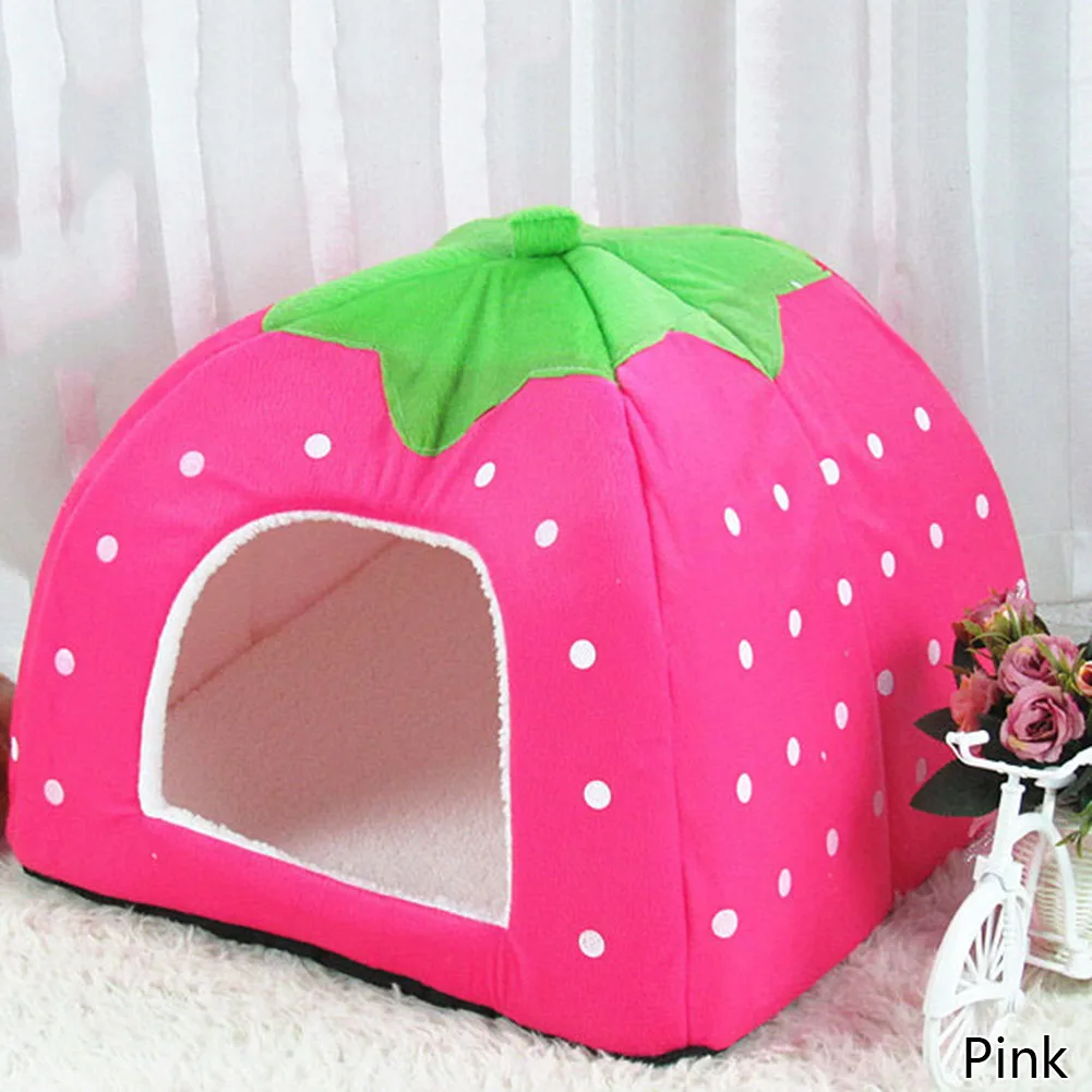 Soft Cat House Foldable Leopard Strawberry Dog Bed Animal Cave Nest