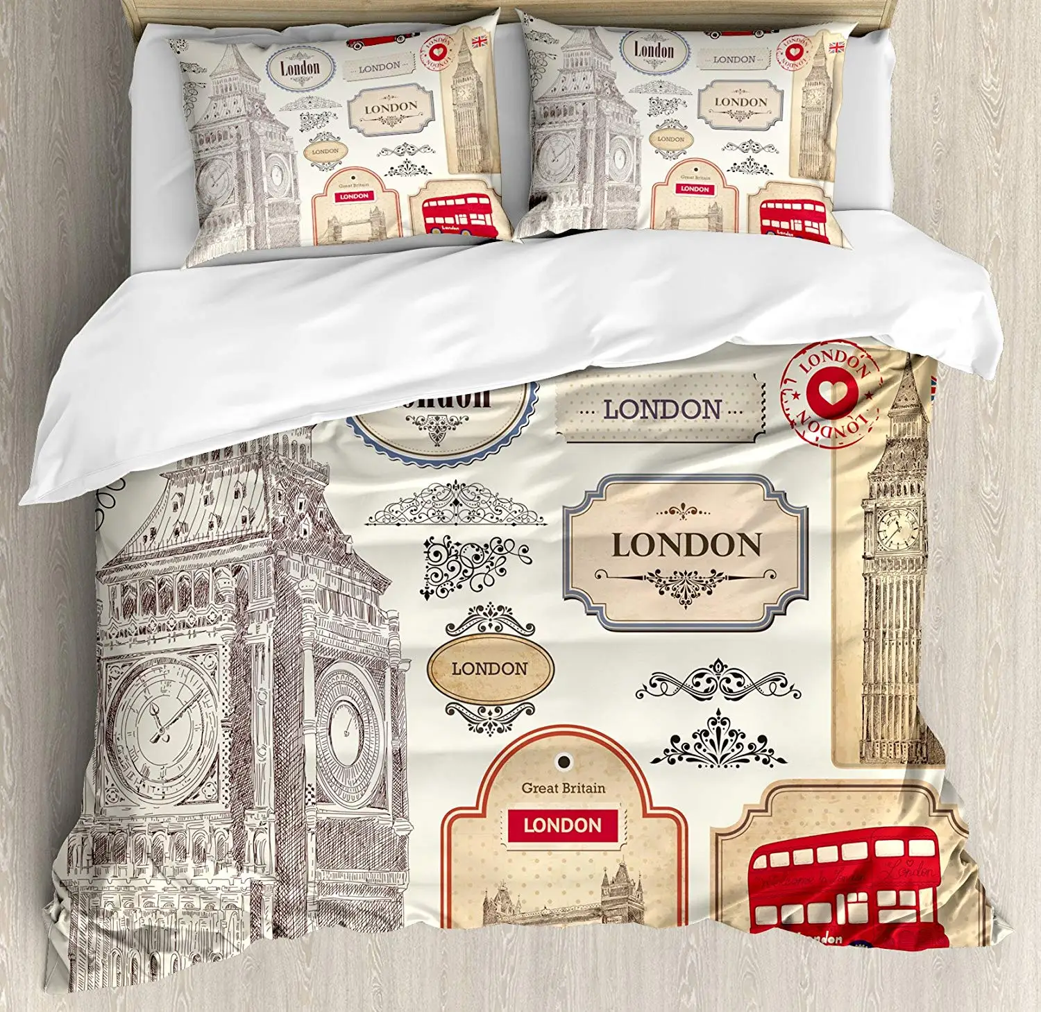 

London Duvet Cover Set Queen Size Conventional British Characteristics Big Ben Red Bus Tower Bridge Banner Bedding Set Red