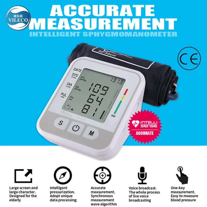 

VILECO Automatic Digital Arm Blood Pressure Monitor BP Sphygmomanometer Arterial Pressure Pressure Gauge Meter Tonometer