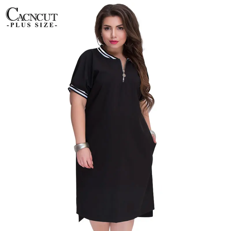 

CACNCUT 5XL 6XL 2019 Plus Size Straight Dresses Women O-Neck With Zippers Big Size Summer Casual Loose Solid Dress Red Vestidos