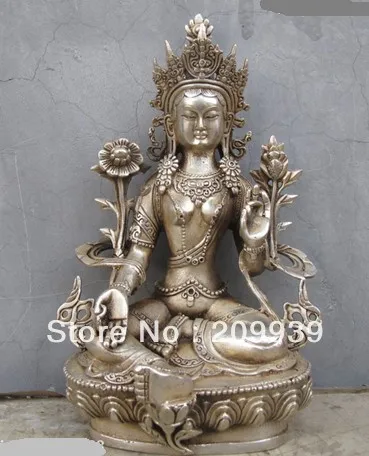 

001316 Tibet Buddhism White Bronze Silver Green TaRa Kwan-Yin Buddha Statue