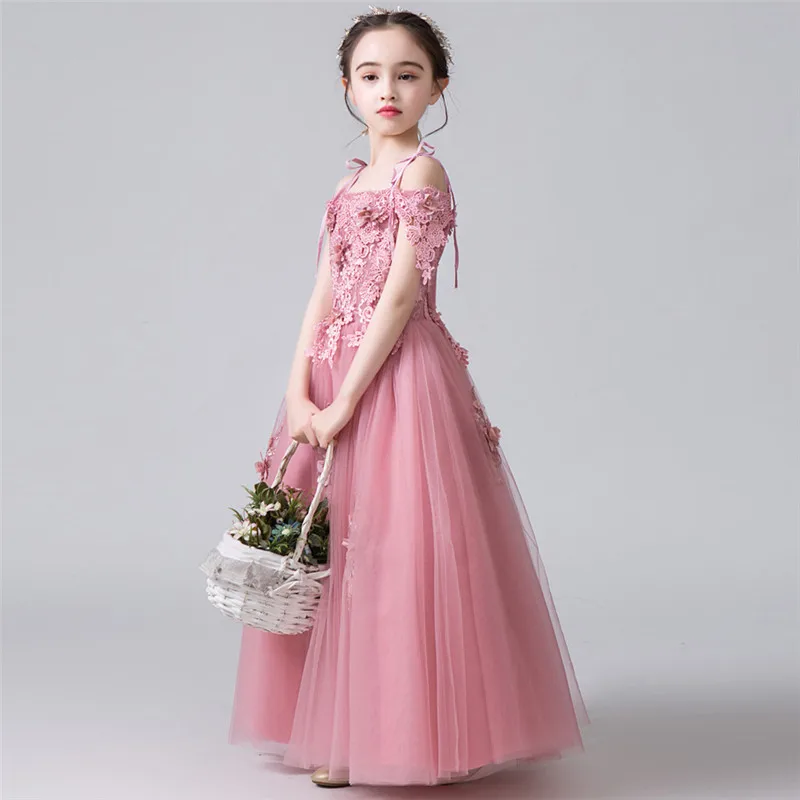Роскошная детская модель для девочек с аппликацией в виде цветов фортепиано костюм с длинным шлейфом платье для детей и подростков на день рождения, свадьбу, вечернее платье