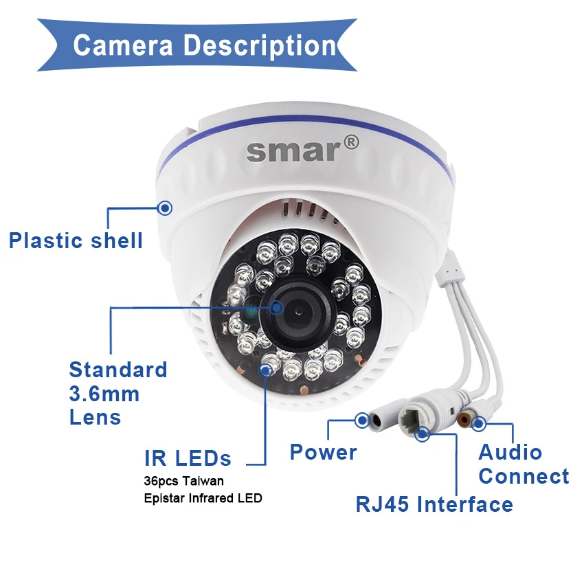  Smar Onvif Full HD H.265 20FPS 1080P Macchina Fotografica del IP H.264 720P di Sicurezza Della Cupo
