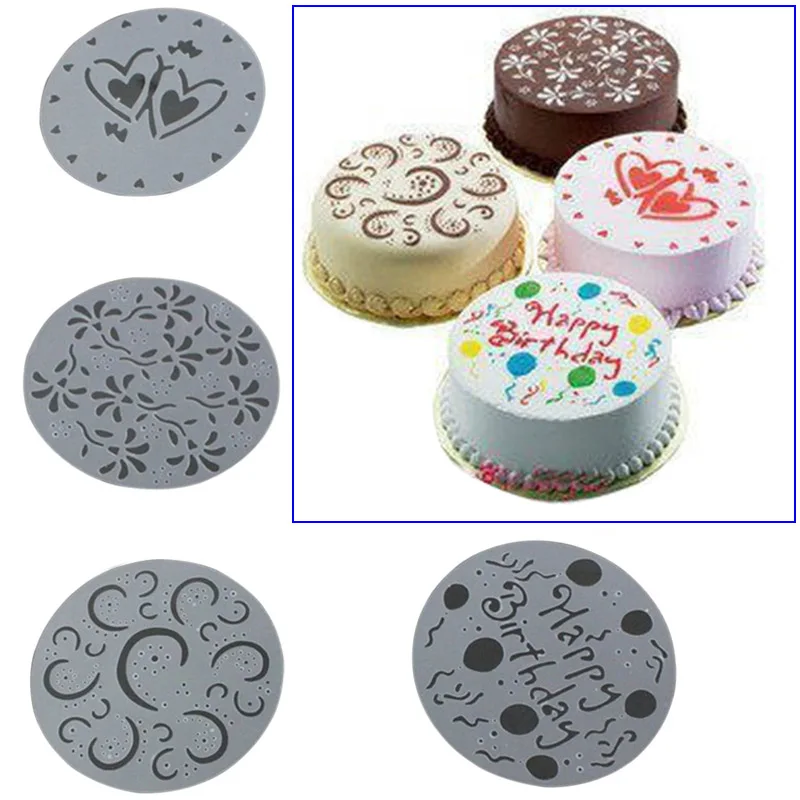 Moule En Spray De Gateau 4 Pieces Ensemble Moules En Forme De Cœur Avec Motifs Imprimes De Fleurs De Joyeux Anniversaire Pochoirs De Decoration De Gateau Moule De Boulangerie Outils De Bricolage