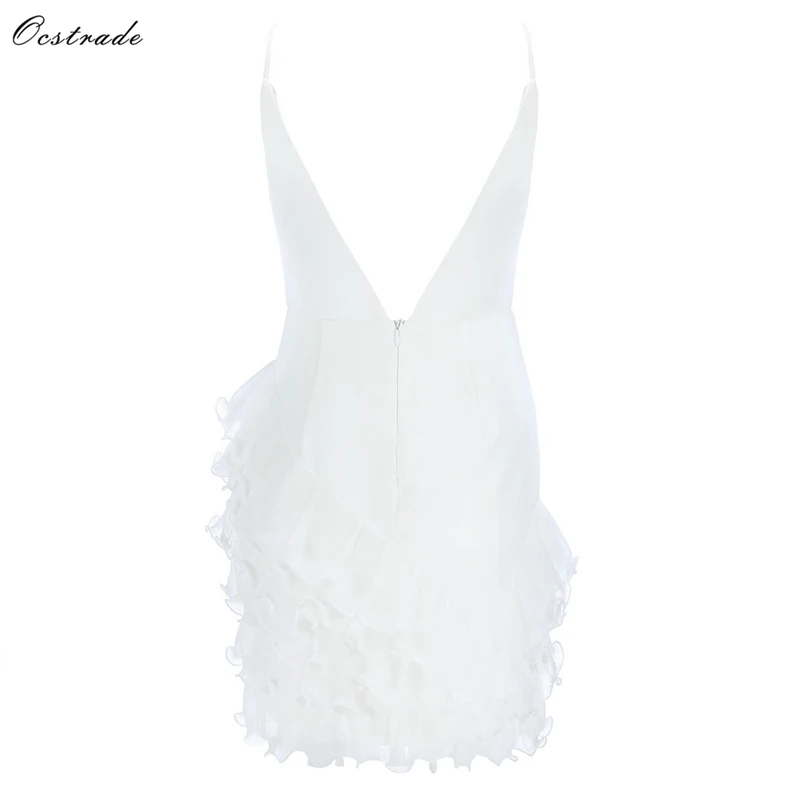 Ocstrade White V Neck Sleeveless Mini Lace Sexy Bodycon Dress HB5575-White