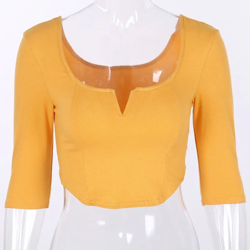 2019 Summer New Women Half Sleeve Casual Crop Top Sexy Fashion Square Neck Solid T-Shirt Collar Female Short Tee | Женские футболки и