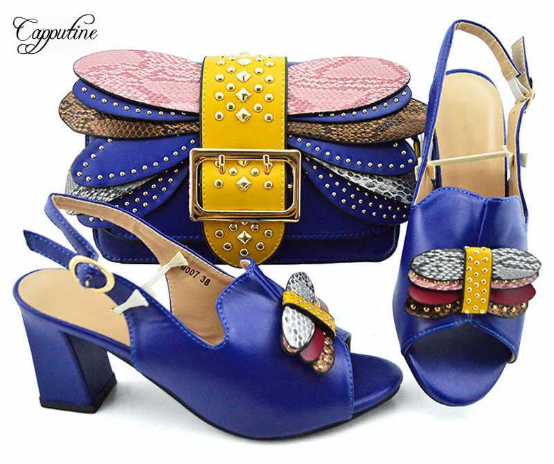 Изящные Королевский синий цвет для вечеринок набор соответствующие высокий каблук сандалии обувь и сумки набор, высота каблука 8 см YM007A