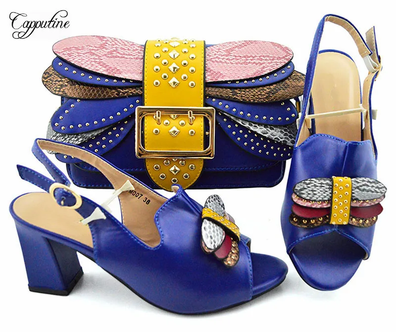 

Graceful royal blue party set matching high heel sandal shoes and handbag set, heel height 8cm YM007A