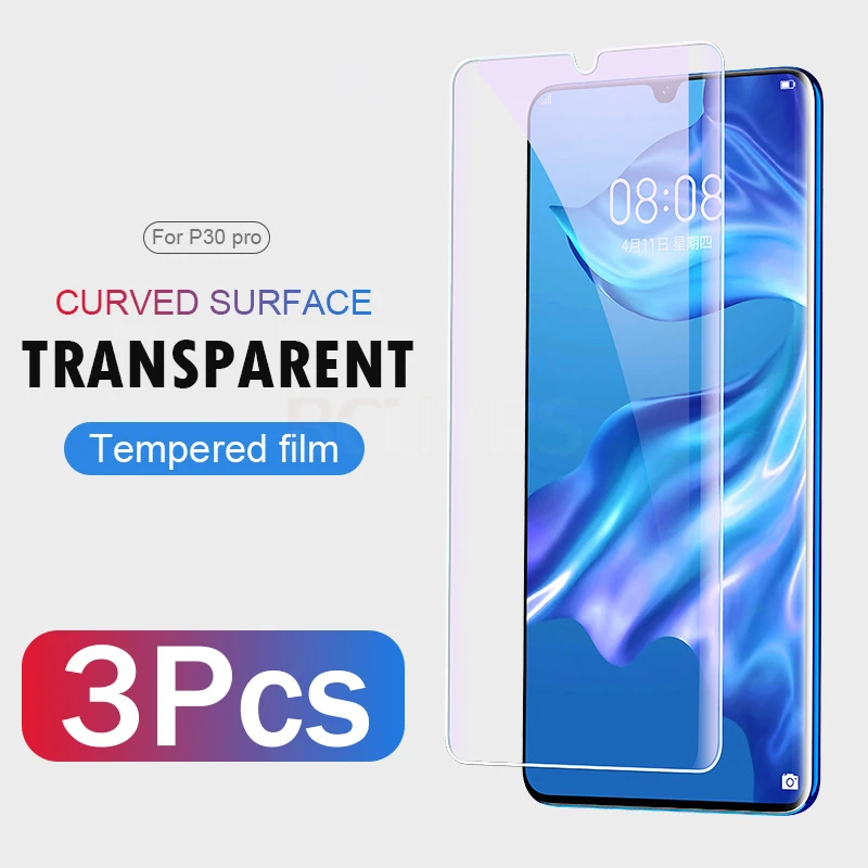 3PCS/lot 9H 2.5D Tempered Glass For Huawei P30 Pro Screen Protector on P30 Full Curved Edge Protective Glass For Huawei P30 Pro