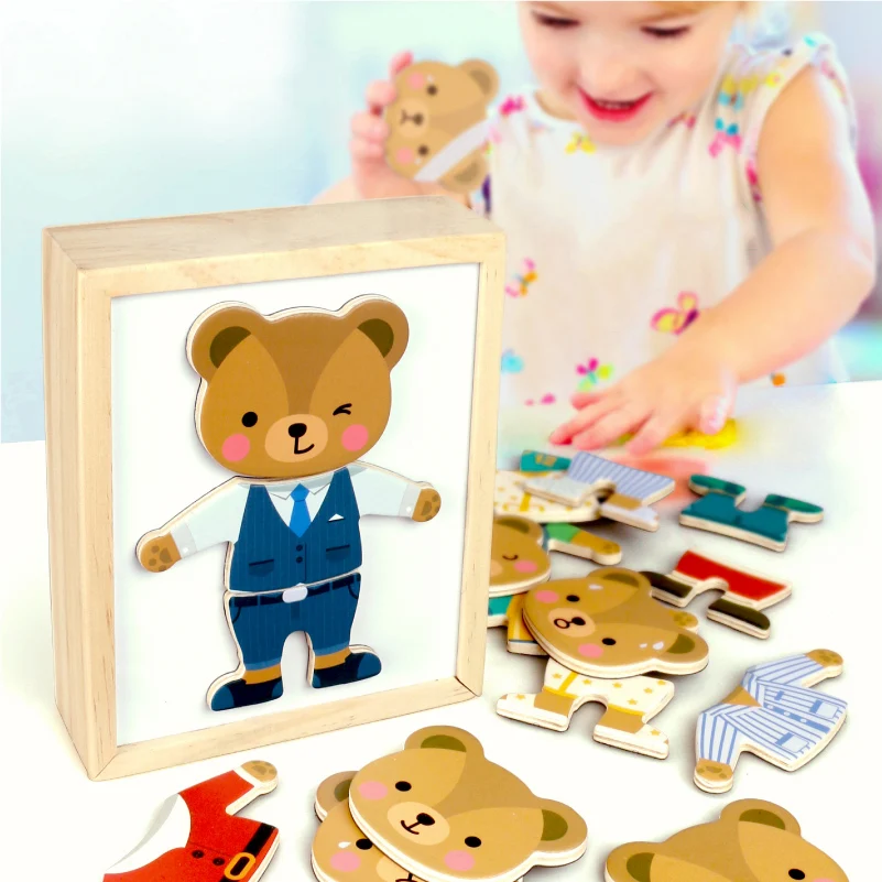 Magnetic Cartoon Bear Change Clothes Children Wooden Toy Puzzles Kids Educational Dress Changing Jigsaw Puzzle Toys For Children