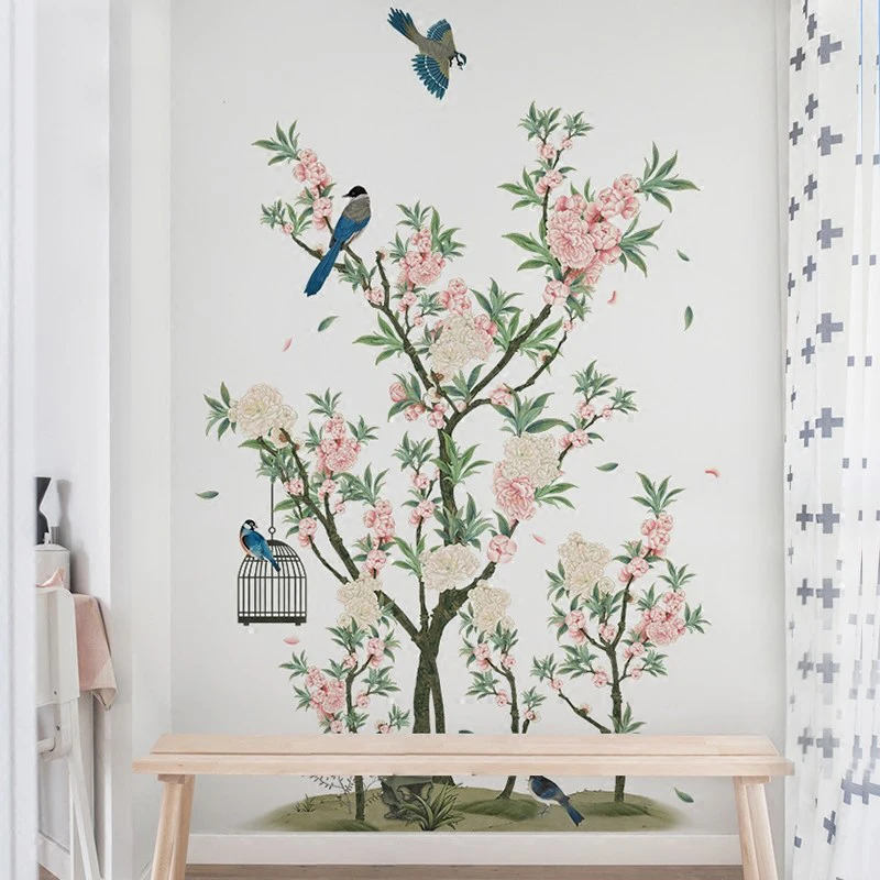 Online Charming Romantische Apricot Blume Wand Aufkleber für Wohnzimmer Apricot Baum Vögel Wand Aufkleber Schlafzimmer Sofa Dekoration Wand Kunst