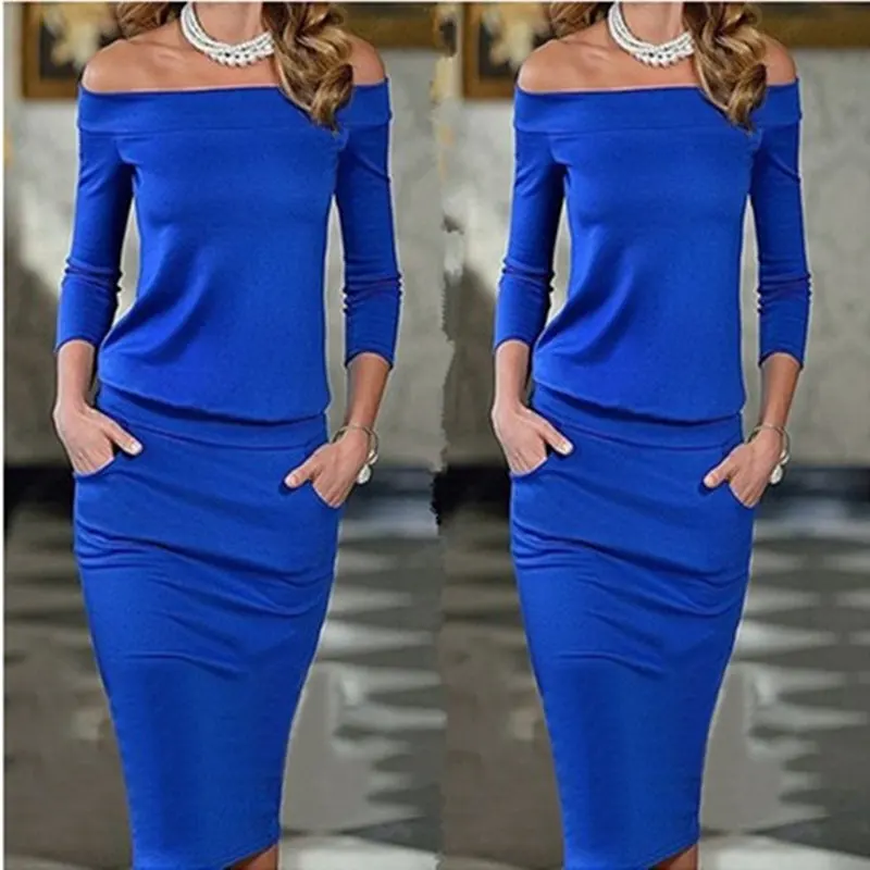 Autumn Three-color Blue Black Women Sexy Tight-Fitting Dress Slash Collar Solid Color Female Knee Length Trendy Vestidos MZ1740 | Женская