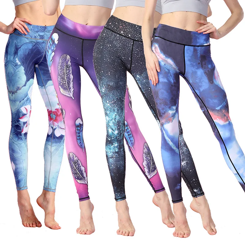 

2019 Explosive Printed Yoga Pants Women Slim Fit Dry Breathable Gym Sports Spandex Elastic Fiber Trousers High Waist Leggings