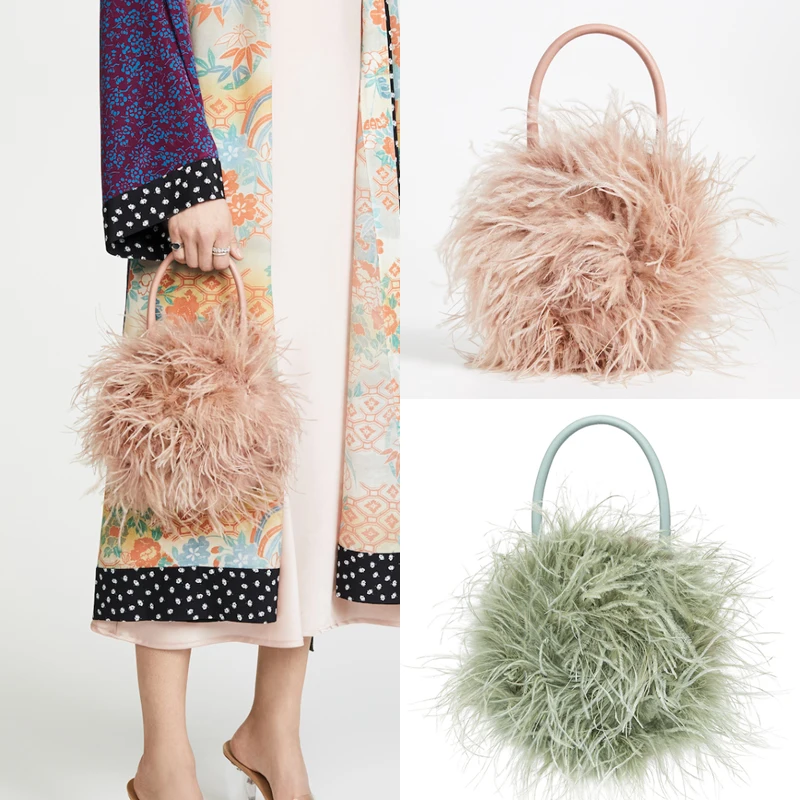 

Winter Fur Lady Top-handle Handbags Lady Luxury Purses Clutch Round Ostrich Feathers Evening Party Bag Small Brand Chic Purses
