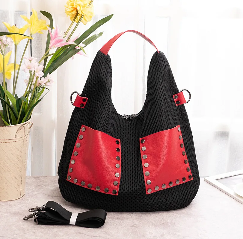 

2019 New Summer Fashion Mesh Cloth Women Bag Contrast Color Rivet Large Capacity Single Shoulder Slant Handbag Trend Personality
