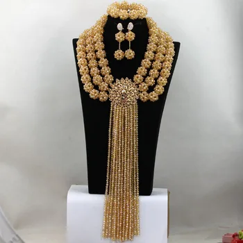 

Gorgeous Champagne Dubai Wedding Party Jewelry Set Gold Crystal Statement Beads Balls Women Necklace Set Free Shipping QW045