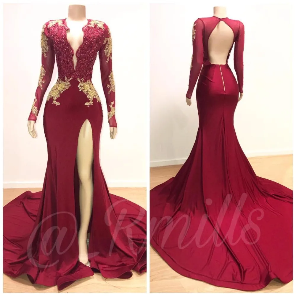 Long burgundy and gold dress with sleeves for women