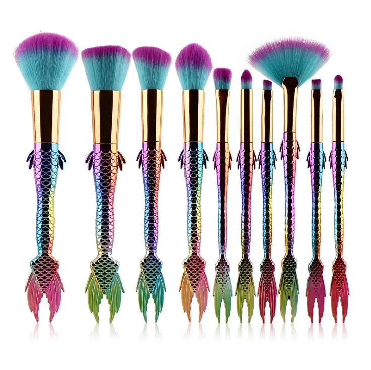 Professional 10 PCS Mermaid Makeup Brushes Set Foundation Blending Powder Eyeshadow Contour