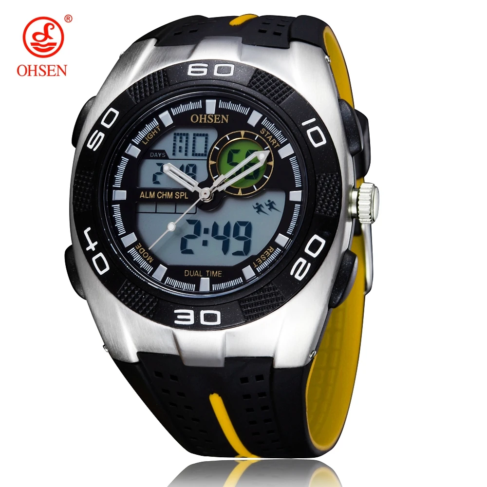 

New OHSEN Brand Digital Sport Mens Quartz Watch Wristwatch Male 50M Waterproof Rubber Strap Yellow Fashion male Hand Clocks Gift
