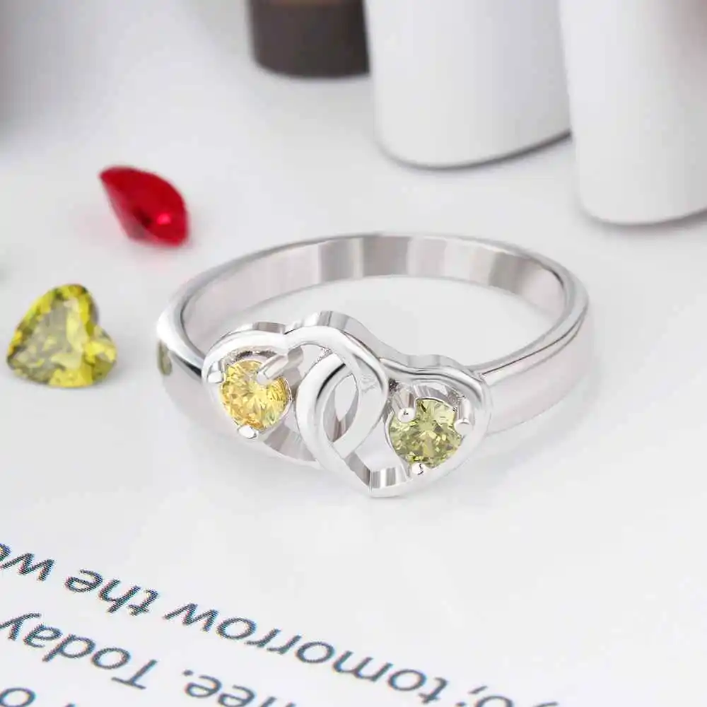 Heart to Heart Personalized Ring Custom Engrave Names & Birthstone Promise Rings 925 Sterling Silver Jewelry (JewelOra RI103273)