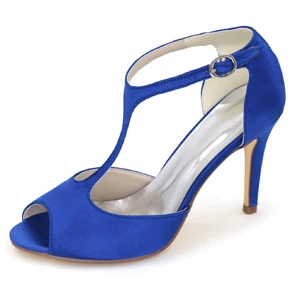 Creativesugar/Женские атласные вечерние туфли с Т-образным ремешком и открытым носком; Свадебная обувь для невесты; Цвет Фиолетовый, шампань, белый, слоновая кость, серебристый, серый, красный - Цвет: Royal blue