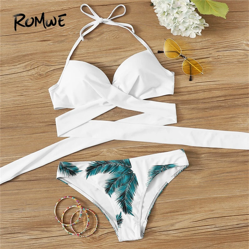 Romwe, спортивный разноцветный комплект бикини, с перекрестной обмоткой, топ на бретельках, с принтом в виде листьев, низ, купальник для женщин, летний, с вырезами, сексуальный купальник