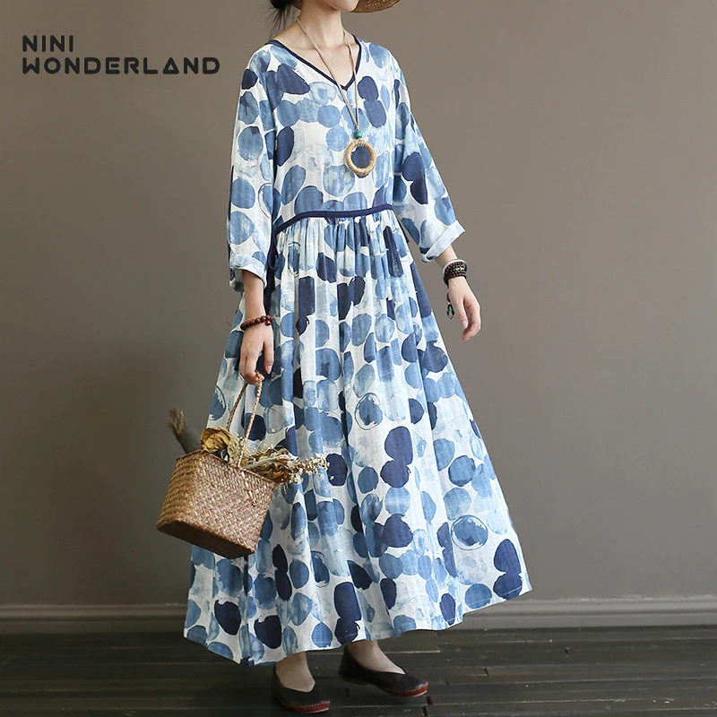 NINI WONDERLAND 2019 осеннее Длинное Платье женское хлопковое льняное платье с принтом в