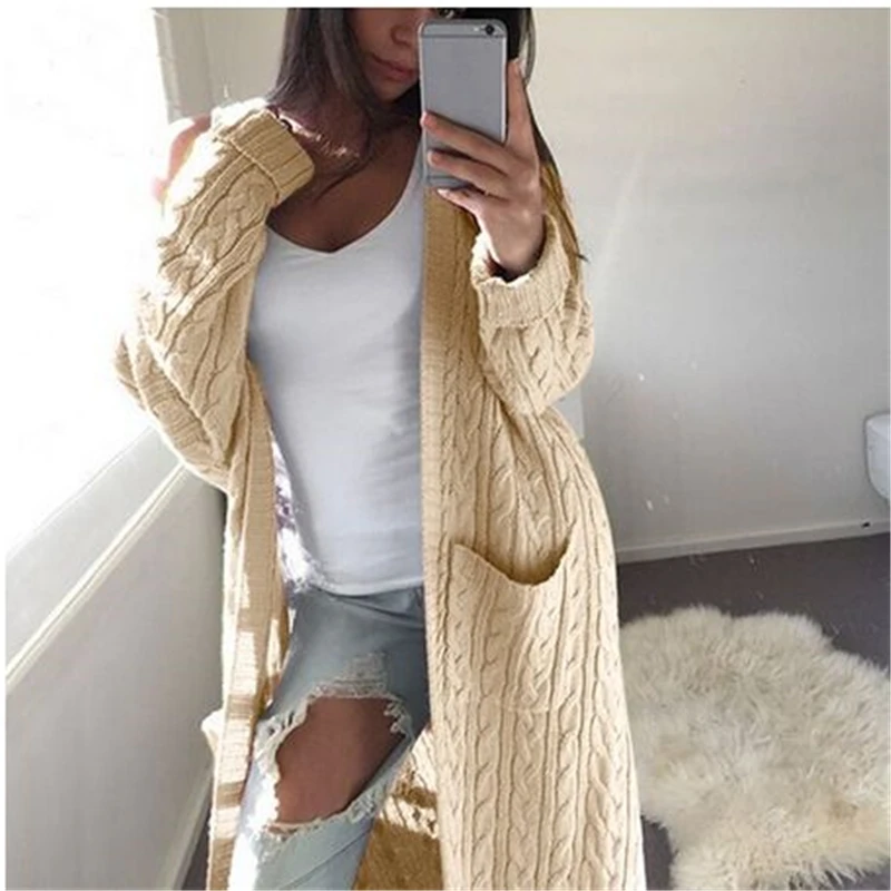 

New long cardigan knitted sweater Autumn Winter women open stitch Vogue female long sleeve pockets woolen sweaters ladies cloth