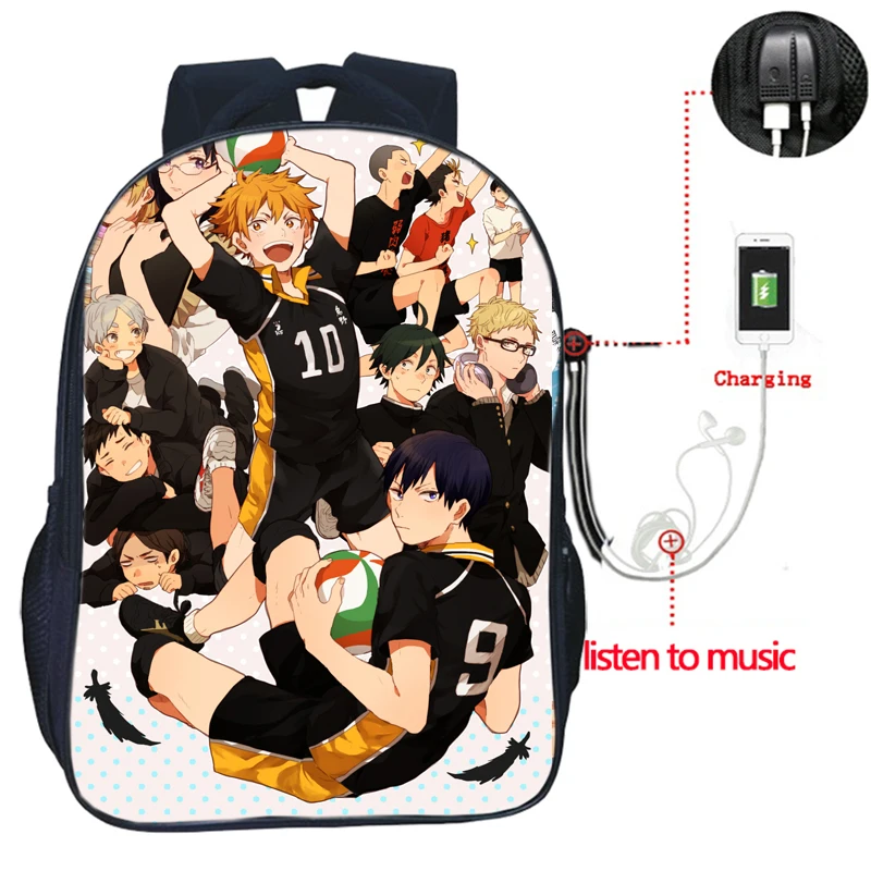 Мужчины Женщины Мальчики Девочки Haikyu! Рюкзаки с USB зарядкой школьные ранцы для