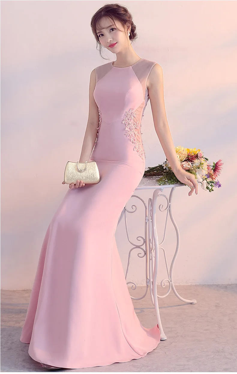 Solid Pink Cotton & Mesh Beaded Floral Appliques Mermaid Sexy Club Dresses 2018 New Arrival Party Dress Women Vestido Long Slim (10)