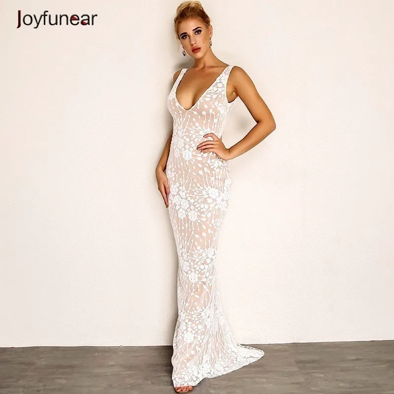 

Joyfunear Sexy V Neck White Summer Maxi Dress 2019 New Backless Floral Long Party Dress Women Dresses Elegant Vestido Longo